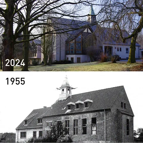 Die Schöpfungskirche Durchholz in verschiedenen Jahrzehnten. Oben eine Aufnahme aus dem Jahr 2024. Darunter eine Schwarz-Weiß Aufnahme aus dem Jahr 1955.